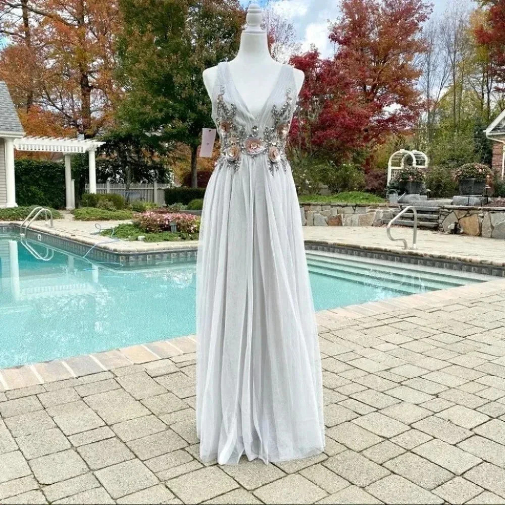 NWT BHLDN Embellished Formal Maxi Dress Grey Fog 8